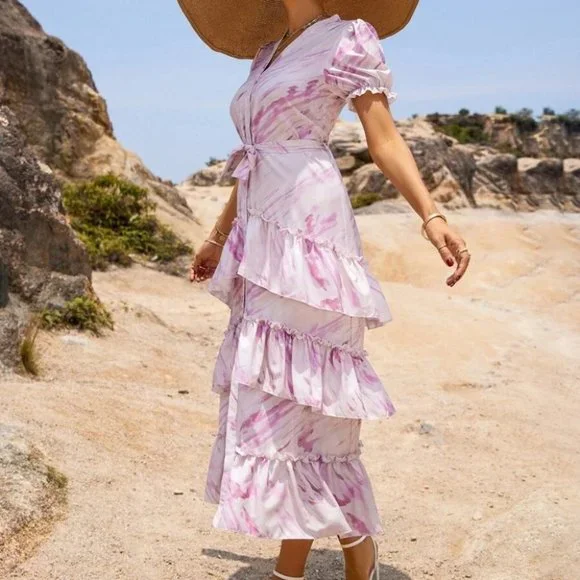 Tie Dye Layered Hem Puff Sleeve Belted Maxi  Dress - Picture 4 of 6